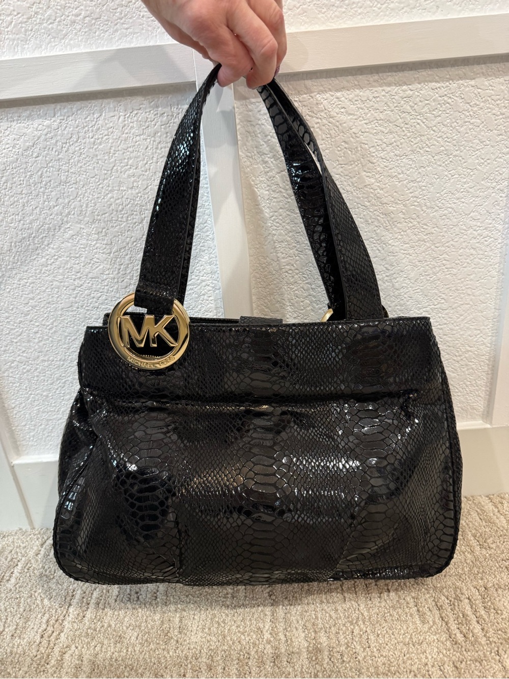 Michael Kors Black Snake-Embossed Tote with Gold Logo NWOT